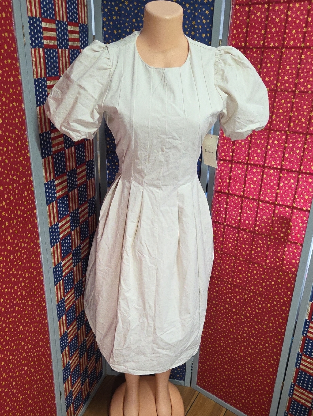 bohme White Puff Sleeve Midi Dress